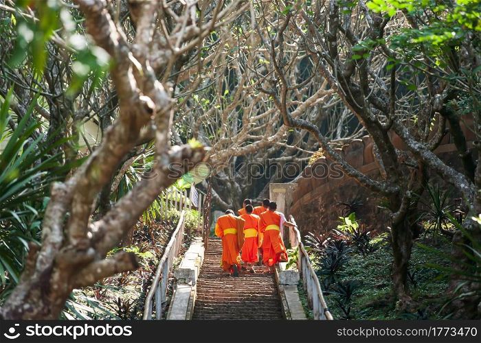 Rear view of Buddhist novice monks walking up stairway to Phou Si summit. Luang Prabang, Laos. UNESCO the world heritage town. Low angle view.