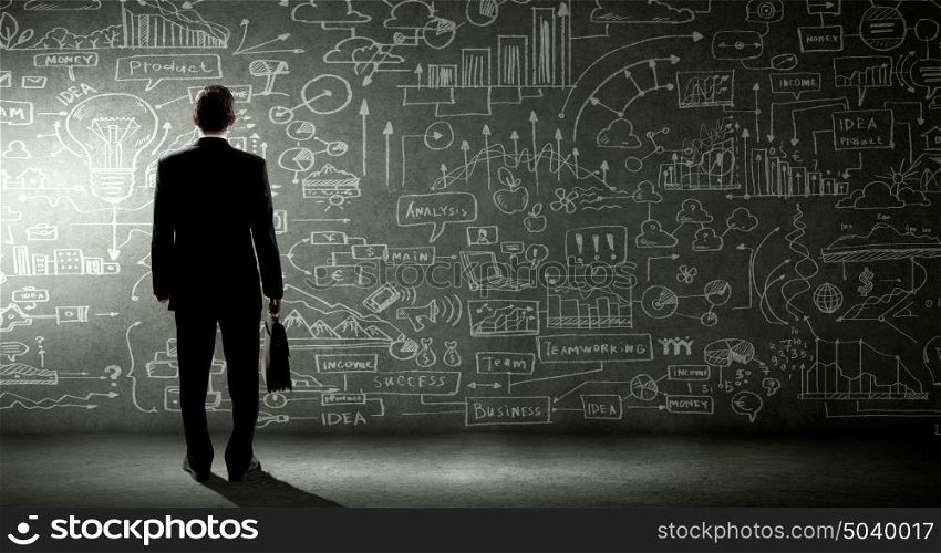 Rear view of businessman looking at business sketch on wall