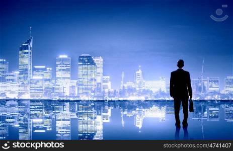 Rear view of businessman looking at city panorama. Big city business