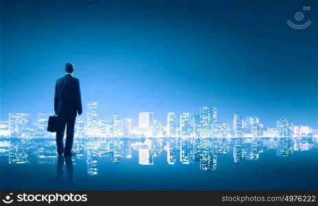 Rear view of businessman looking at city panorama. Big city business