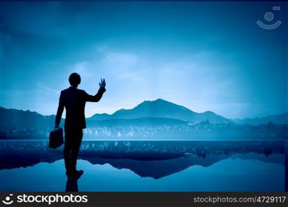Rear view of businessman looking at picturesque nature landscape. Minute of isolation
