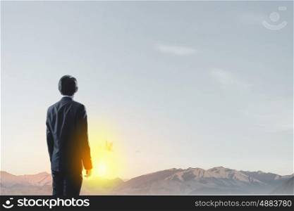 Rear view of businessman looking at sunset. New day