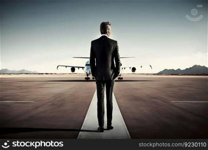 Rear view of businessman walking towards corporate jet. Neural network AI generated art. Rear view of businessman walking towards corporate jet. Neural network AI generated