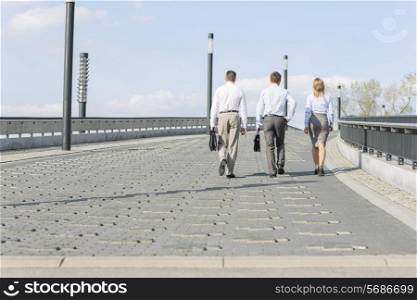 Rear view of businesspeople walking on bridge