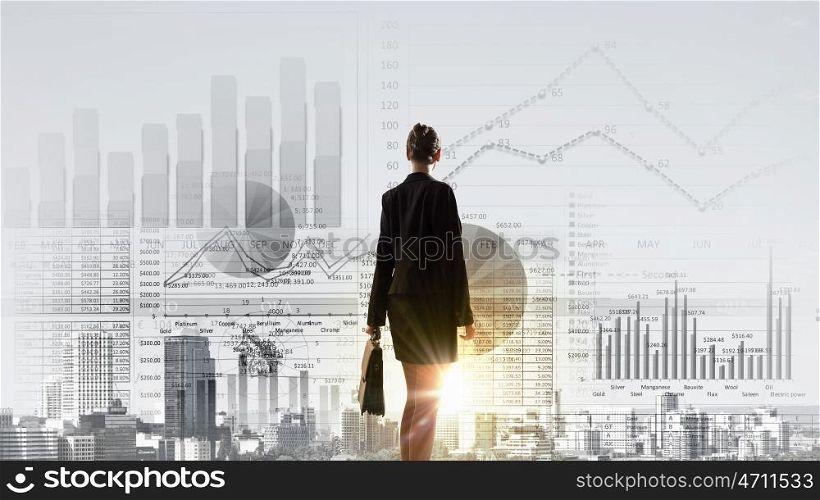 Rear view of businesswoman looking at business marketing strategy. Graphics and business strategy