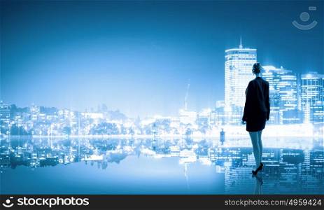 Rear view of businesswoman looking at city panorama. Big city business