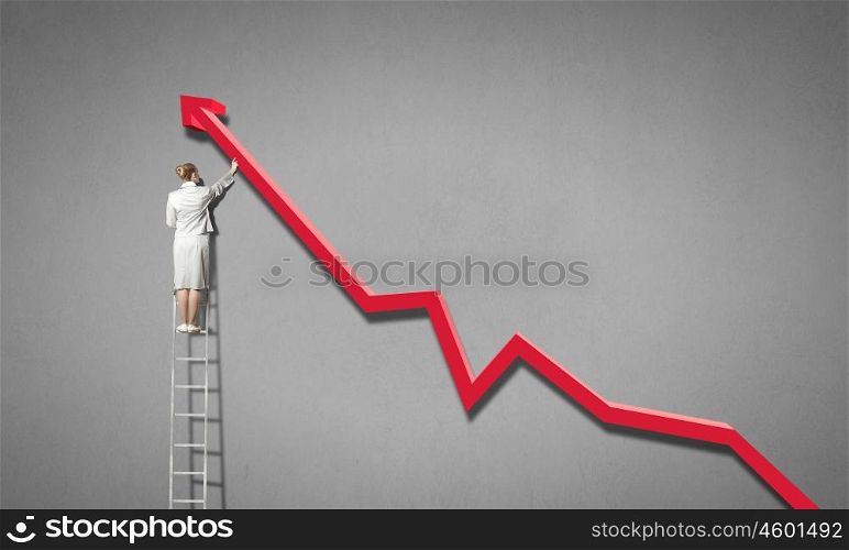 Rear view of businesswoman standing on ladder and reaching increasing graph. Climbing success ladder