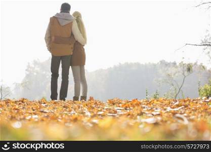 Rear view of couple looking at view in park during autumn