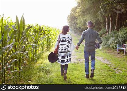 Rear view of couple strolling and holding hands in field