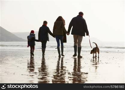 Rear View Of Family Walking Along Winter Beach With Dog