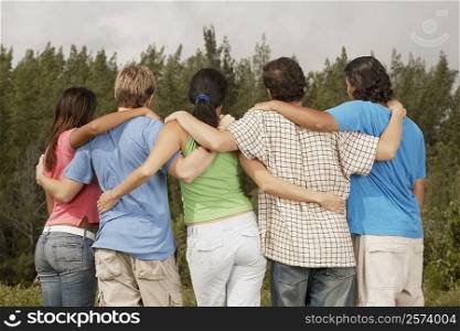 Rear view of five friends with their arms around each other