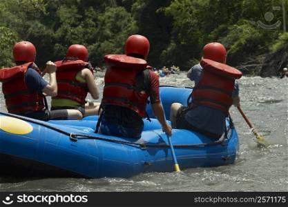 Rear view of four people rafting in a river