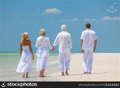 Rear view of four people, two seniors, couples or family generations, holding hands, walking on an empty tropical beach. Four People, Two Seniors, Family Couples, Walking On Tropical Be