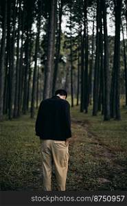 Rear View Of man Walking Amidst Trees In Forest . man Walking Amidst Trees In Forest 