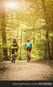 Rear view of mature mountain biking couple cycling on forest trail