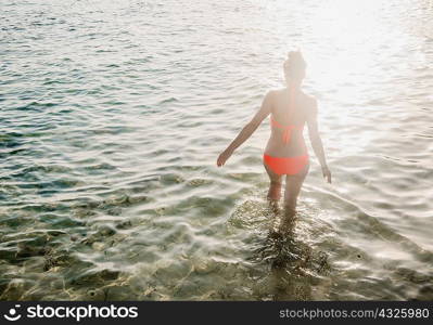 Rear view of mid adult woman wearing bikini paddling in sunlit sea