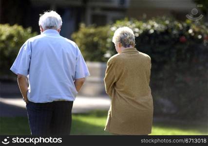 rear view of older couple walking