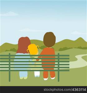 Rear view of parents and their daughter sitting on a park bench