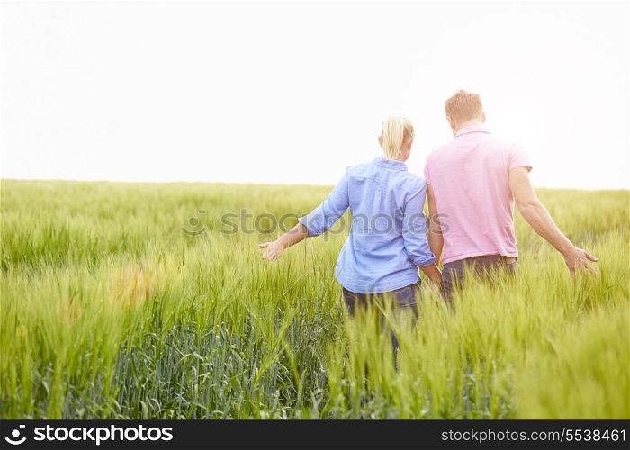 Rear View Of Romantic Couple Walking In Field Holding Hands