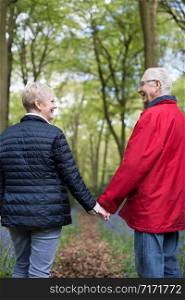 Rear View Of Senior Couple Walking Hand In Hand Through Bluebell Wood