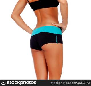 Rear view of slim girl with fitness clothes isolated on a white background