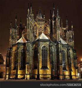 rear view of St. Vitus Cathedral at winter night, in Prague