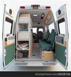 Rear view of the interior of an open ambulance isolated on a white background, ai generative. Rear view of the interior of an open ambulance isolated on a white background