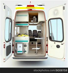 Rear view of the interior of an open ambulance isolated on a white background, ai generative. Rear view of the interior of an open ambulance isolated on a white background