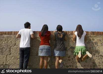 Rear view of three young women and a young man looking over a stone wall, Morro Castle, Old San Juan, San Juan, Puerto Rico