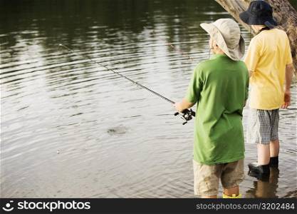 Rear view of two brothers fishing near a lake