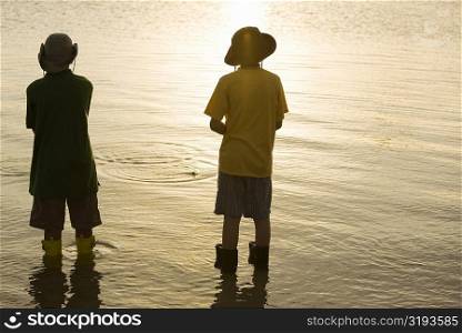 Rear view of two brothers standing in water