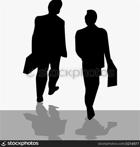 Rear view of two businessmen walking