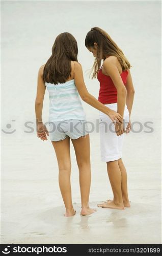 Rear view of two girls standing on the beach