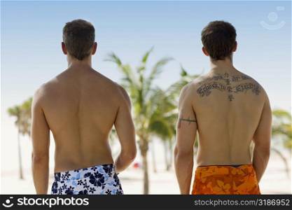 Rear view of two men standing on the beach