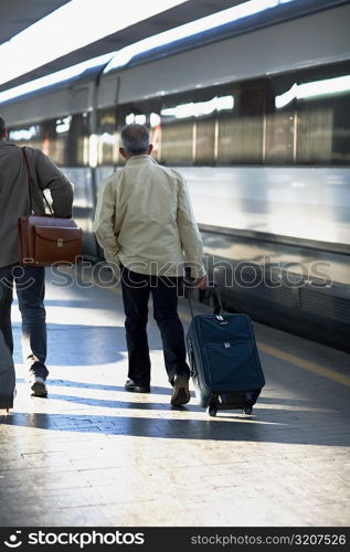 Rear view of two men walking at a railroad station, Rome, Italy