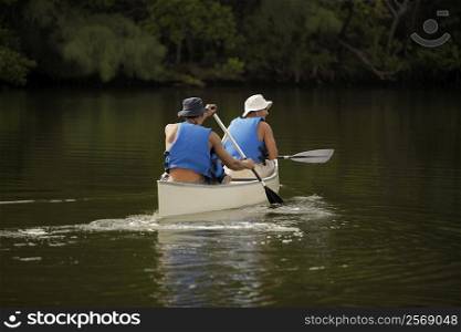 Rear view of two mid adult men canoeing