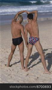 Rear view of two mid adult men on the beach
