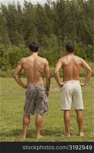 Rear view of two mid adult men with arms akimbo