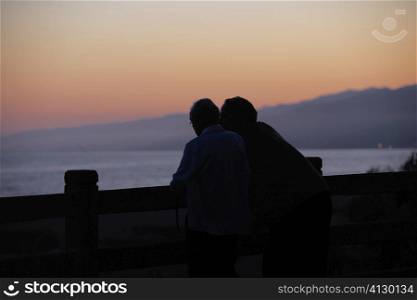 Rear view of two people leaning on a railing