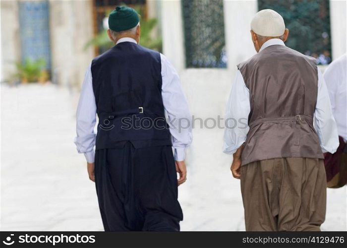 Rear view of two senior men walking together, Istanbul, Turkey