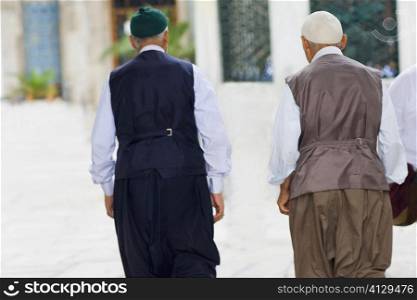 Rear view of two senior men walking together, Istanbul, Turkey