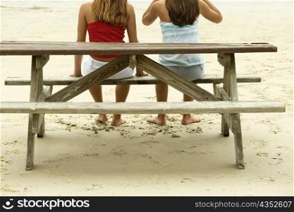 Rear view of two teenage girls sitting on a wooden bench
