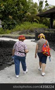 Rear view of two women walking on a walkway, Puuhonua O Honaunau National Historical Park, Kona Coast, Big Island, Hawaii Islands, USA