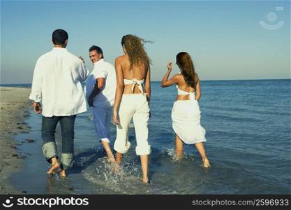 Rear view of two young women and a young man with a mid adult man walking on the beach