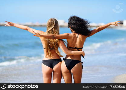 Rear view of two young women with beautiful bodies in bikini having fun on a tropical beach. Girls with open arms.