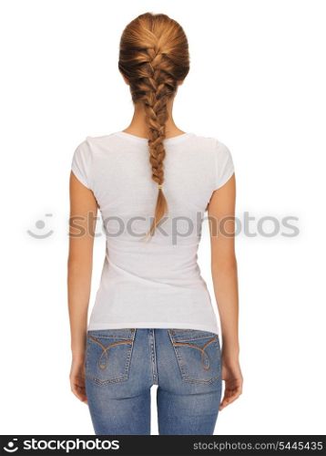 rear view of woman in blank white t-shirt