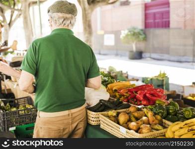 rear view senior man standing vegetable fruit stall