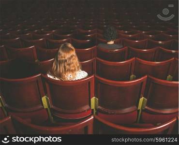 Rear view shot of a man and a woman sitting in an auditorium