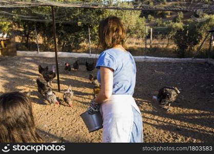 rear view woman feeding chicken standing field
