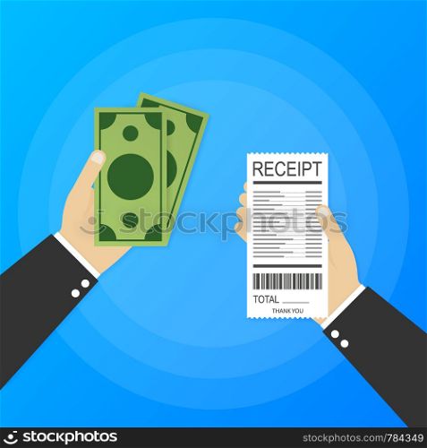 Receipt icon in a flat style isolated on a colored background. Invoice sign. Bill atm template or restaurant paper financial check. Vector illustration.. Receipt icon in a flat style isolated on a colored background. Invoice sign. Bill atm template or restaurant paper financial check. Vector stock illustration.